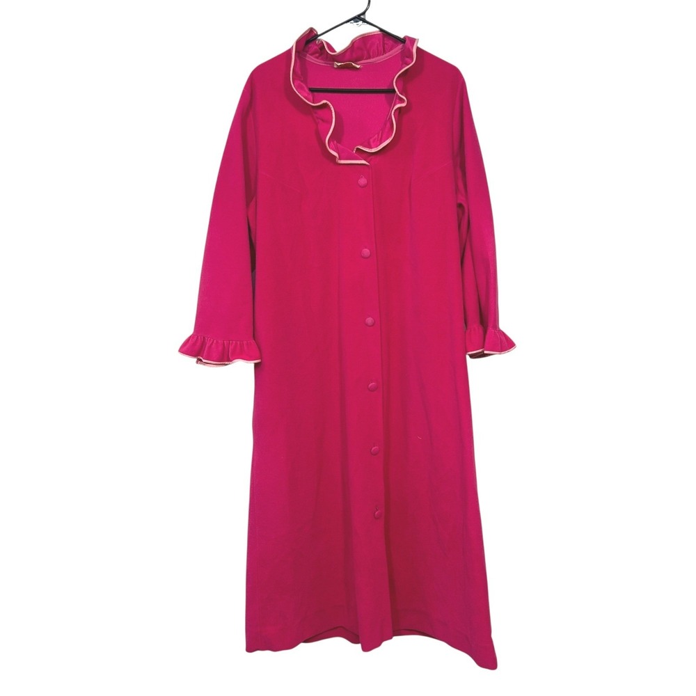 Vintage Pink Ruffle Trim House Robe Button Front Long 40 Cottagecore Coquette